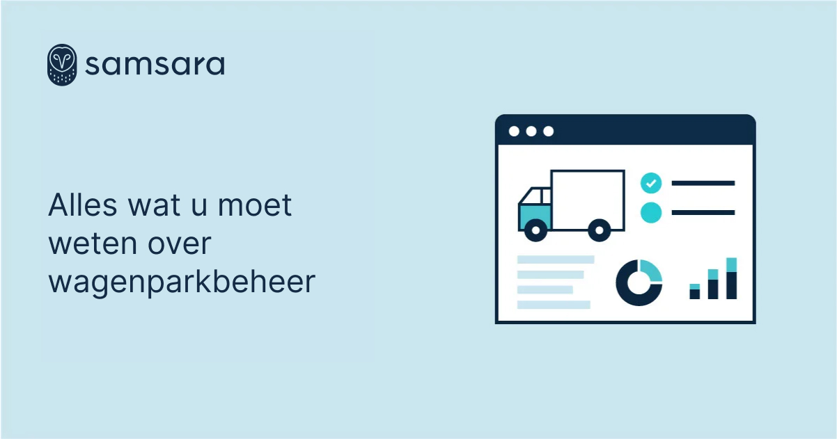 Samsara infographic over wagenparkbeheer met vrachtwagenpictogram en datavisualisaties op lichtblauwe achtergrond.