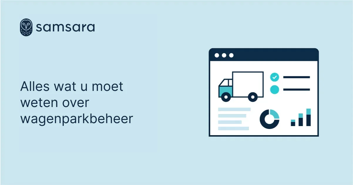 Samsara infographic over wagenparkbeheer met vrachtwagenpictogram en datavisualisaties op lichtblauwe achtergrond.