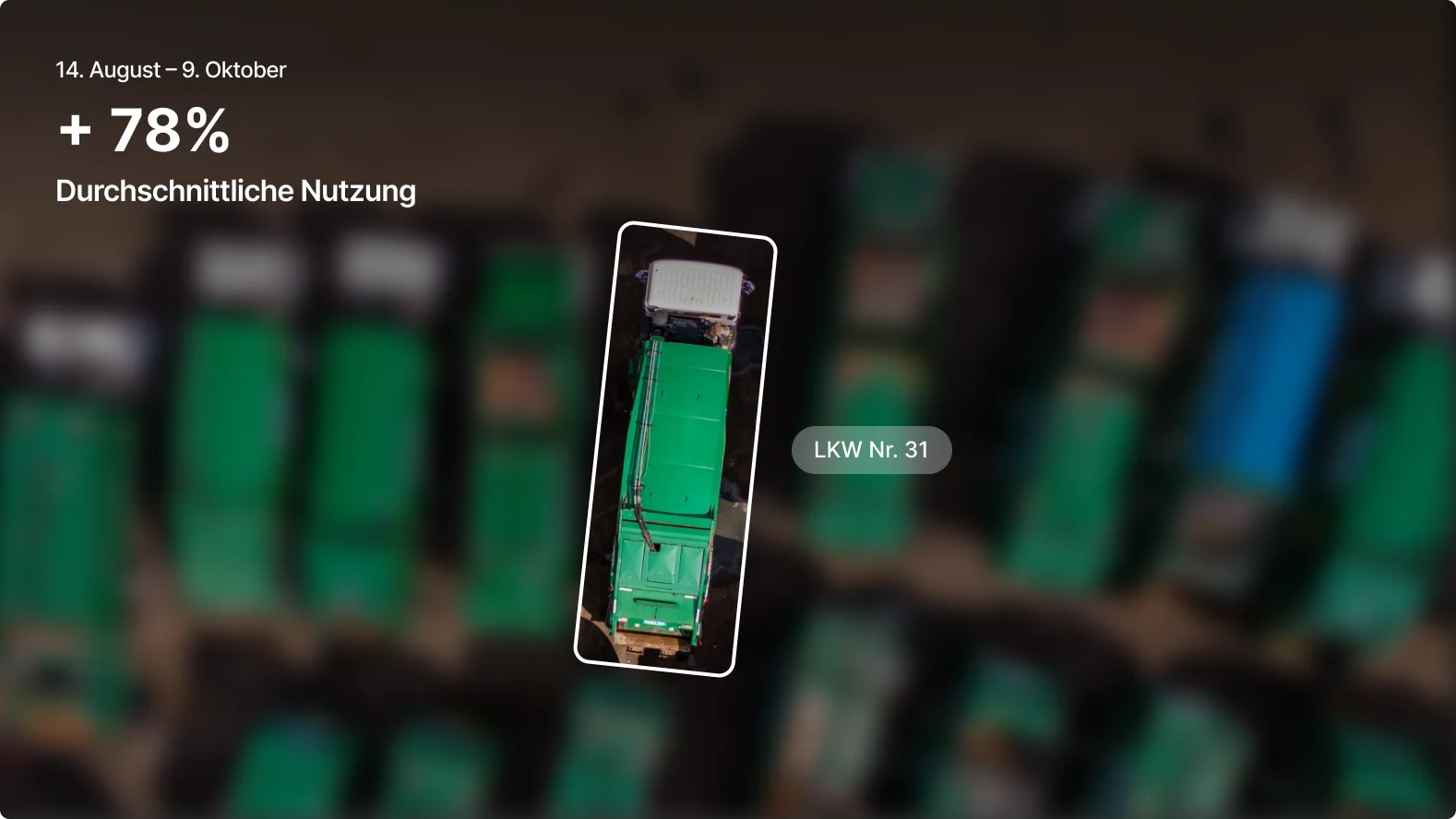 Luftaufnahme von Grünabfall-Lkw Nr. 31, der im Fuhrpark hervorgehoben ist und eine Auslastung von 78 % aufweist.