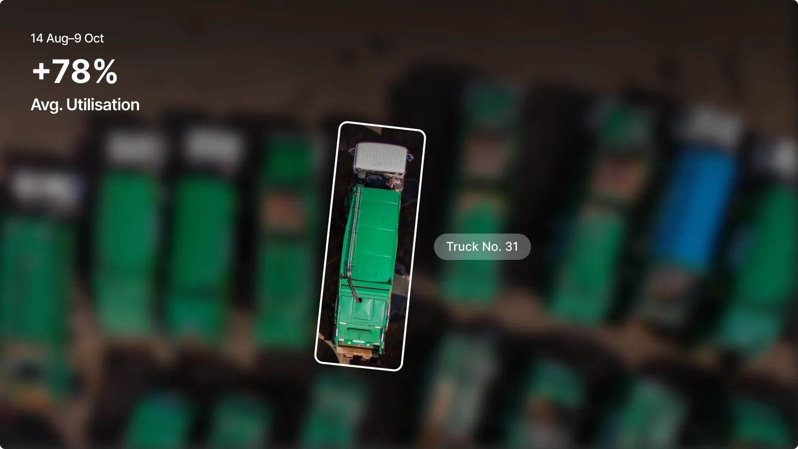 Aerial view of green waste truck #31 highlighted among fleet, showing 78% average utilisation from 14 Aug–9 Oct.