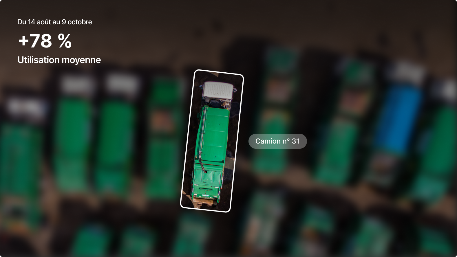 Vue aérienne du camion de déchets verts n°31, affichant une utilisation moyenne de 78 % du 14 août au 9 octobre.