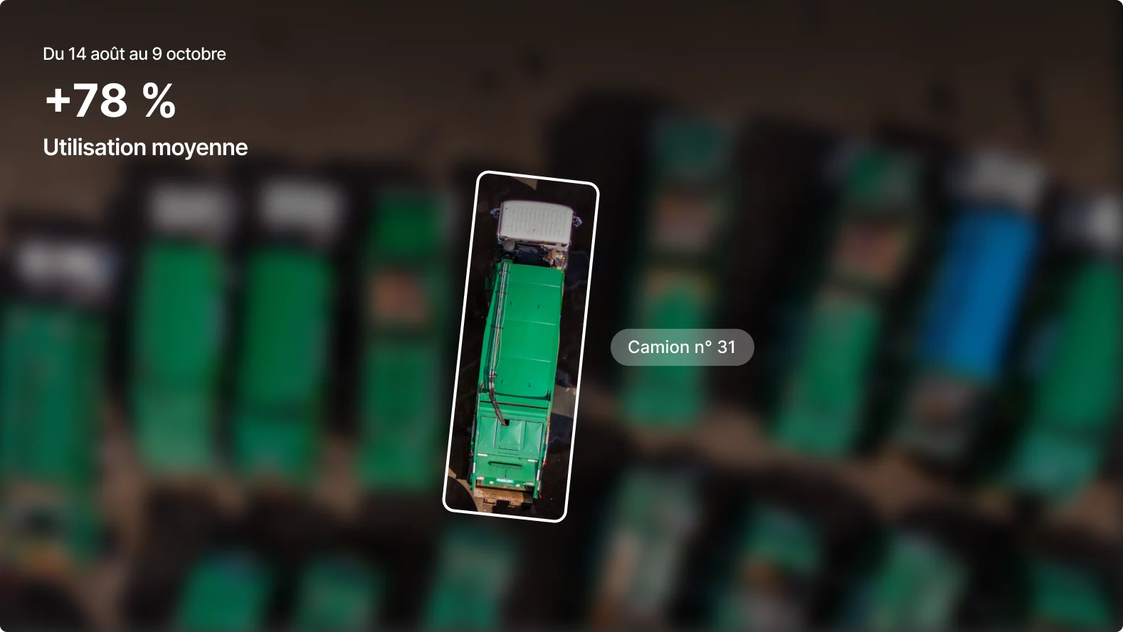 Vue aérienne du camion de déchets verts n°31, affichant une utilisation moyenne de 78 % du 14 août au 9 octobre.