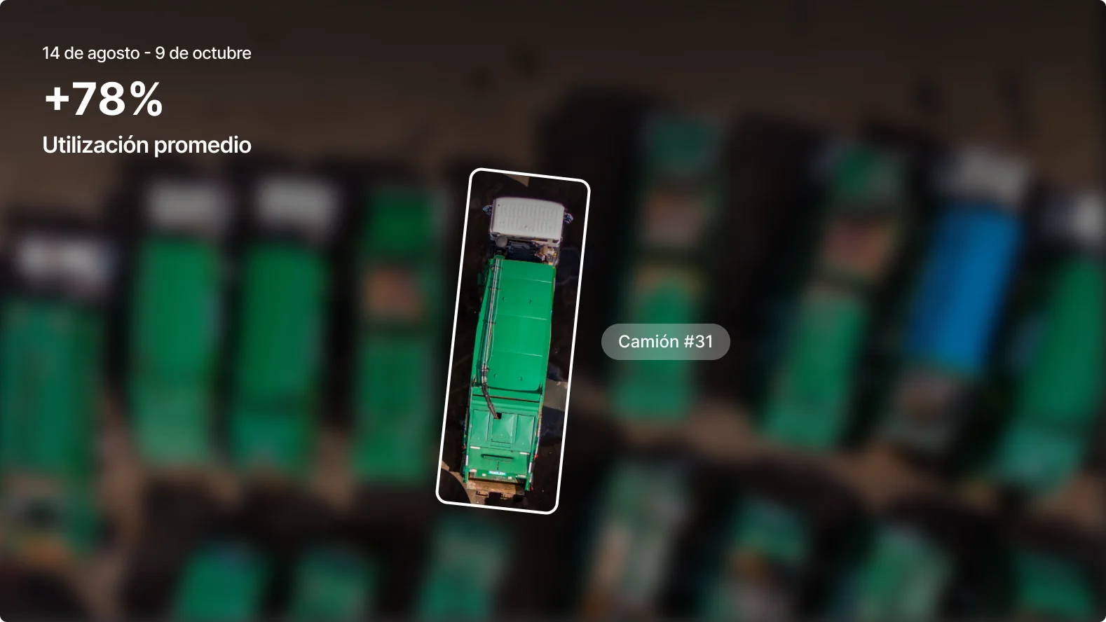 Vista aérea del camión de residuos orgánicos #31 entre la flota, con 78 % de uso promedio del 14 de agosto al 9 de octubre.