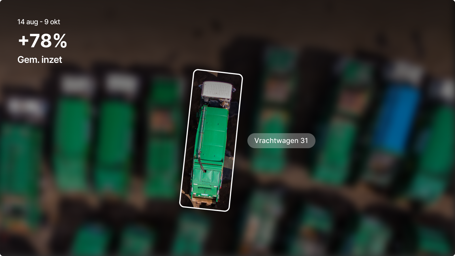 Luchtfoto van groenafvalwagen nr. 31 uitgelicht in het wagenpark, met een gemiddelde bezetting van 78% van 14 aug. tot 9 okt.