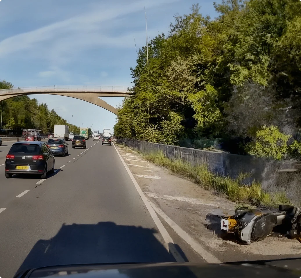 Highway with traffic passing under an arched bridge, green trees alongside, and a damaged motorcycle on the roadside.