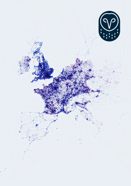 Carte en noir et blanc de l'ADN montrant la densité de population (concentration dans les zones plus foncées), logo hibou