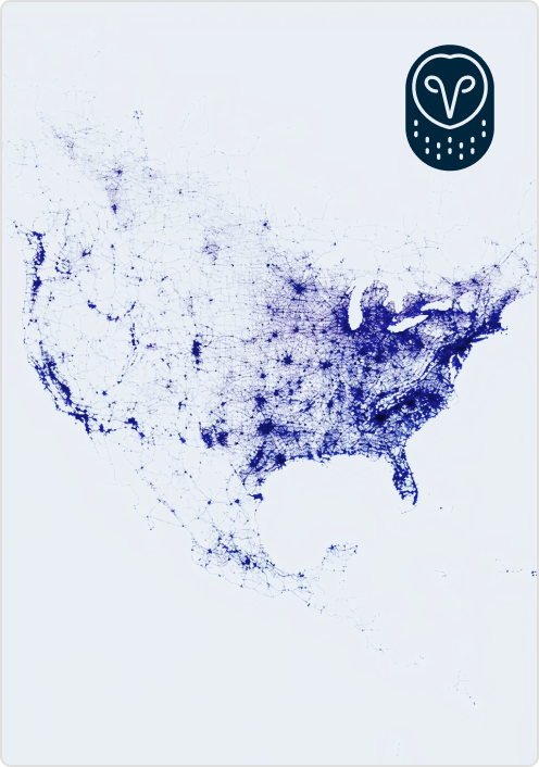 Black and white map of North America showing population density with darker areas indicating higher concentration, owl logo