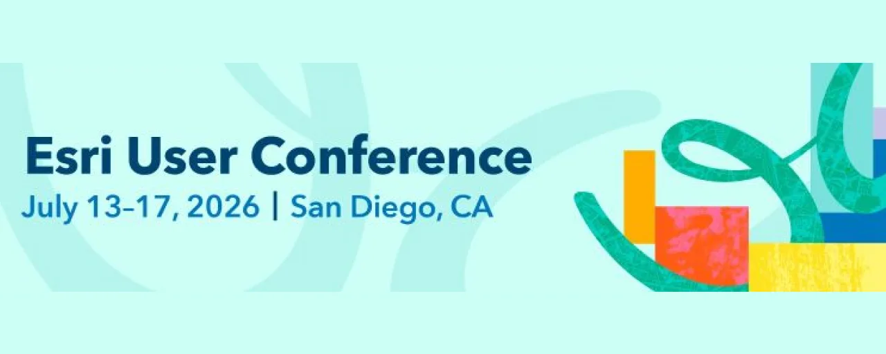 Esri User Conference banner, July 13-17, 2026, San Diego, CA, with colorful abstract shapes on a mint background.