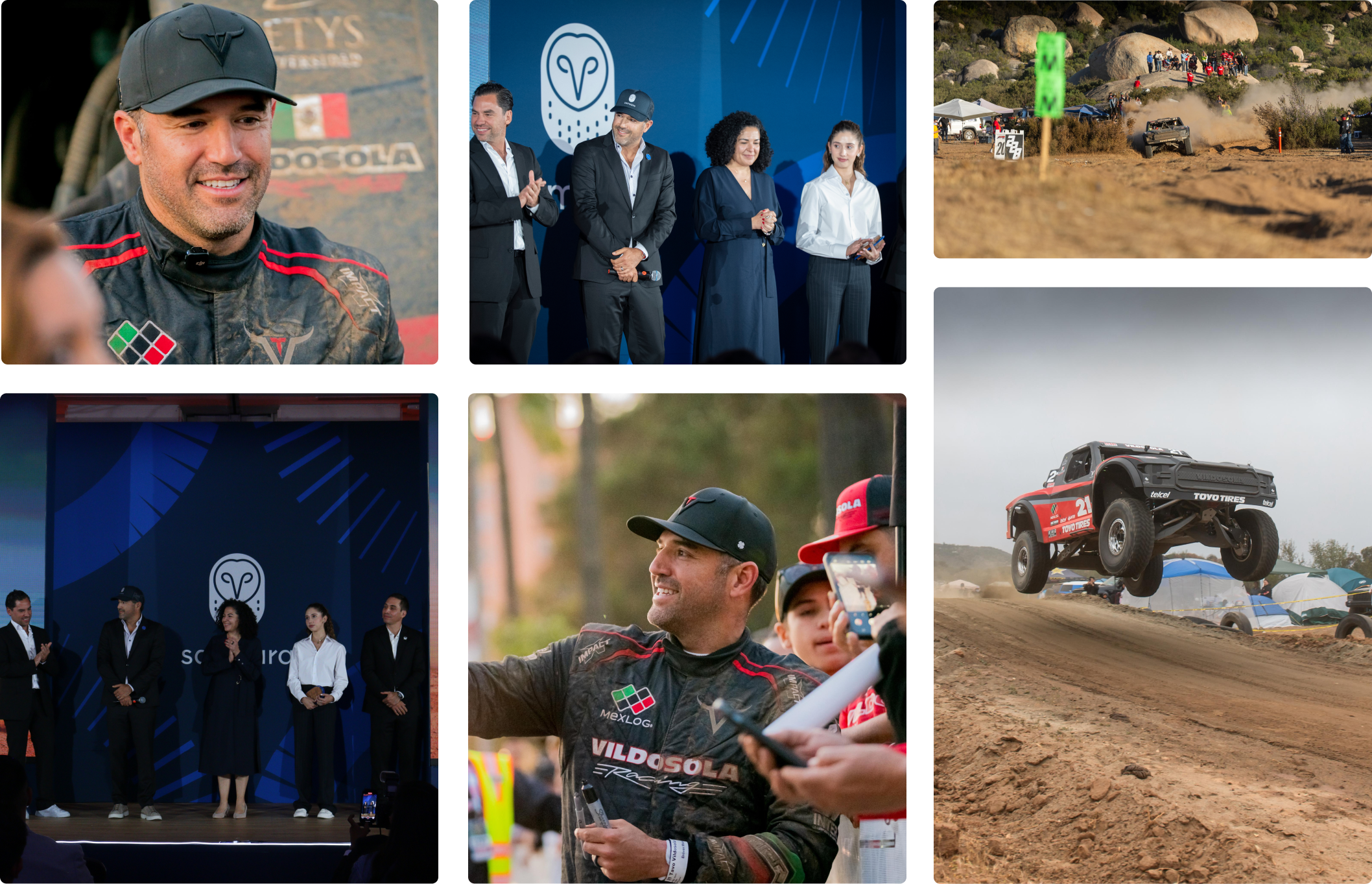 Collage de carreras con Tavo Vildósola, presentaciones corporativas de Samsara y camionetas saltando en competición.