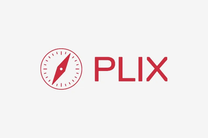 Red compass logo next to the word "PLIX" in bold red letters on a light gray background.