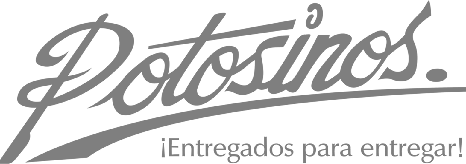 Potosinos logo in gray cursive script with tagline "¡Entregados para entregar!" on white background.