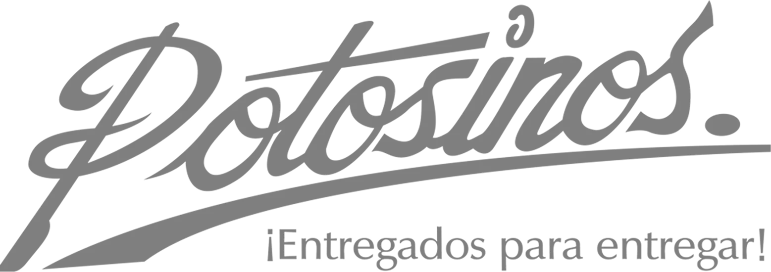 Potosinos logo in gray cursive script with tagline "¡Entregados para entregar!" on white background.