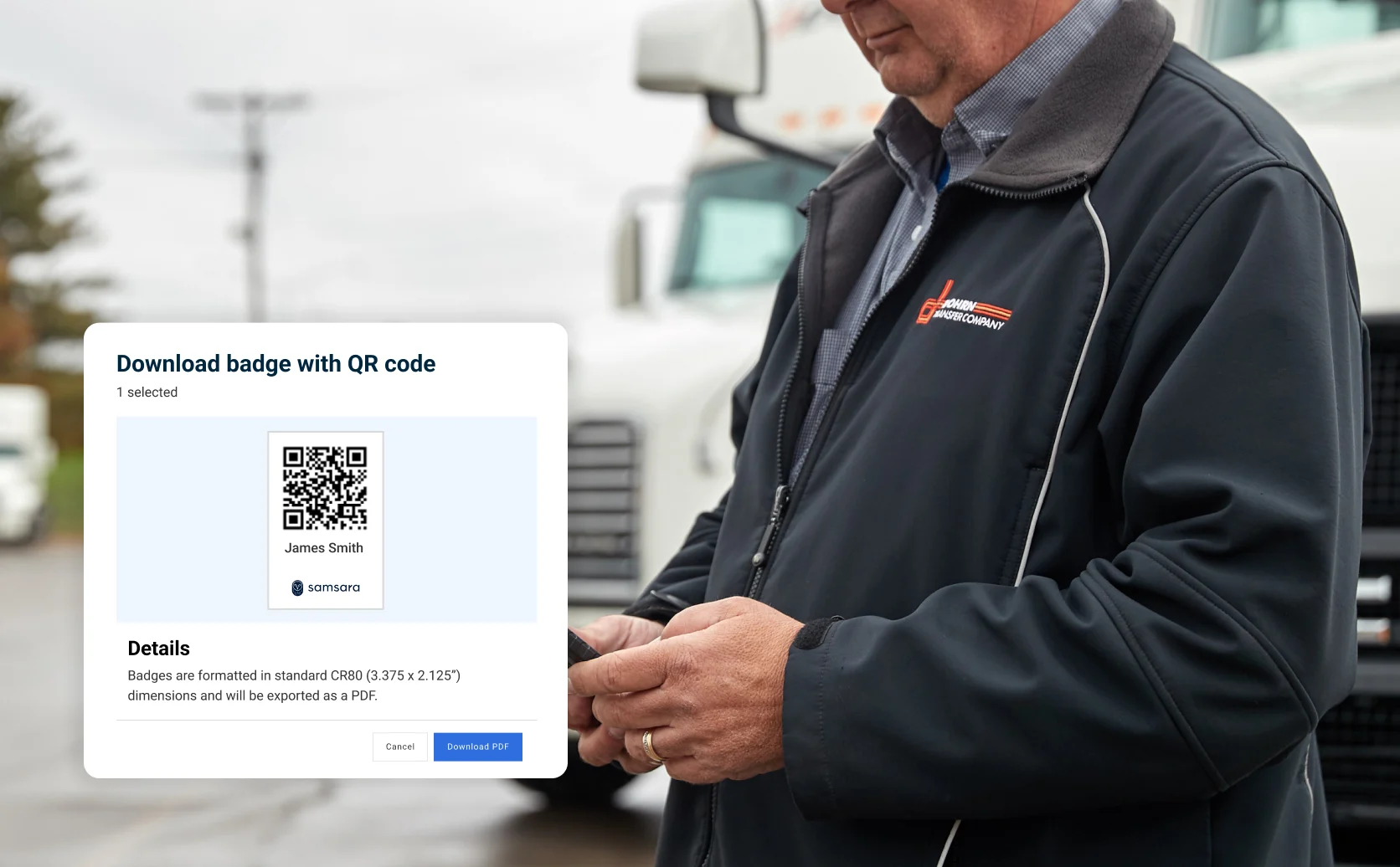Driver looks down at tablet with Samsara Driver App UI superimposed on top of image