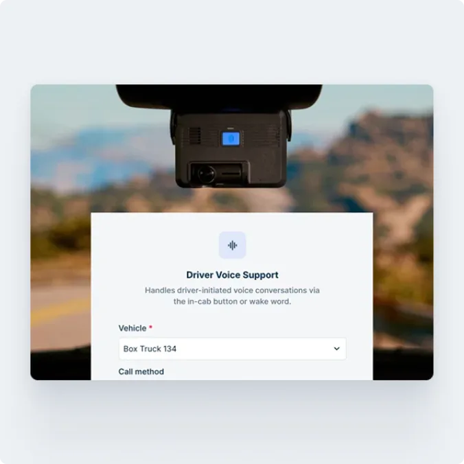 A dashcam mounted in a vehicle with a Driver Voice Support UI panel showing vehicle selection for Box Truck 134.