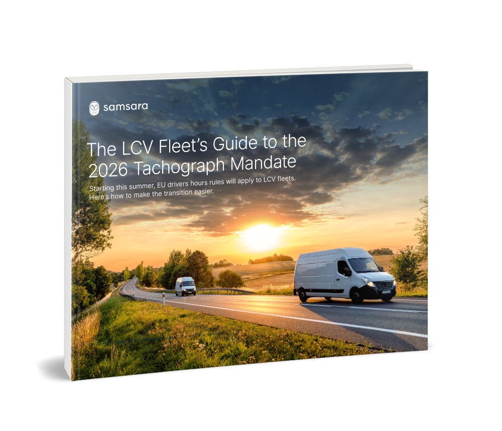 Samsara guide book cover titled The LCV Fleet's Guide to the 2026 Tachograph Mandate with vans on a sunset road.