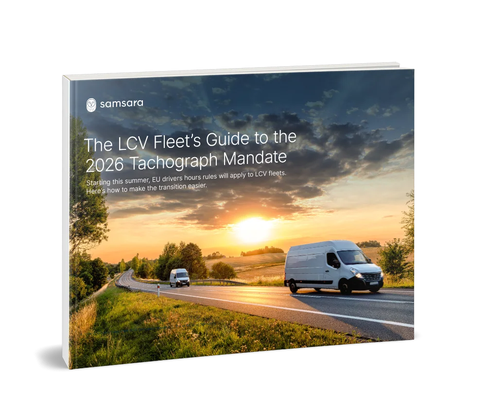 Samsara guide book cover titled The LCV Fleet's Guide to the 2026 Tachograph Mandate with vans on a sunset road.
