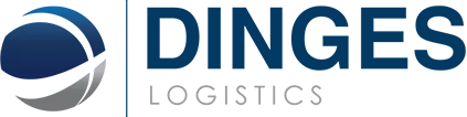 Logo von Dinges Logistics mit blau-grauem Kreissymbol und dem Firmennamen in blauer und grauer Schrift.