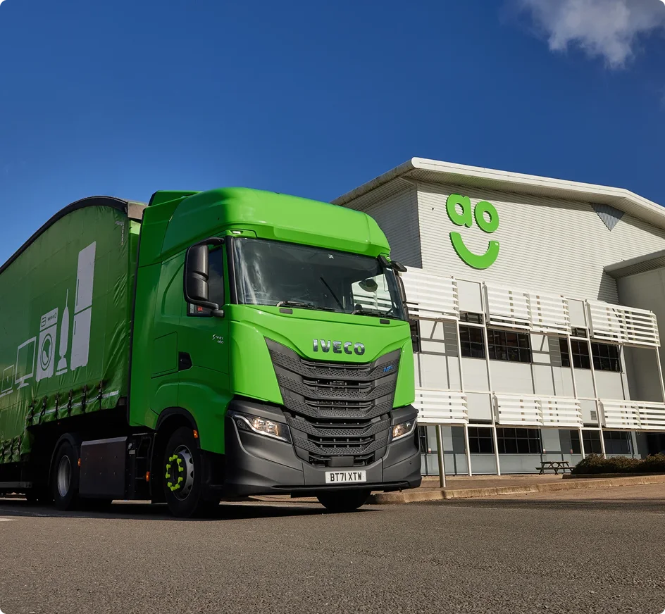 Felgroene IVECO vrachtwagen geparkeerd voor een wit gebouw met een groen smiley-logo tegen een heldere blauwe lucht.