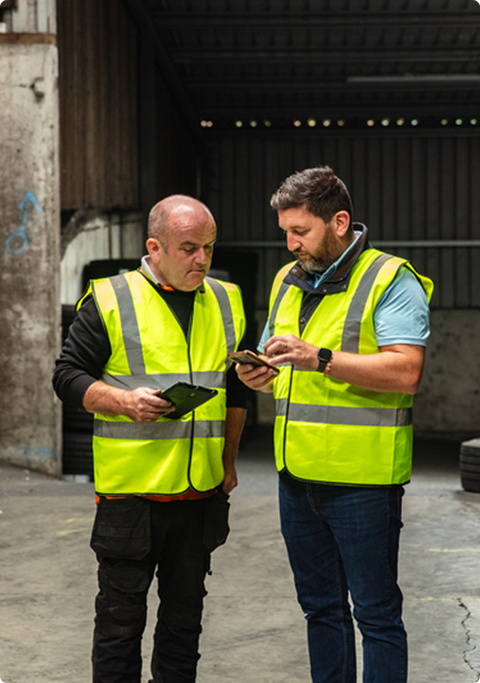 Oudere man met zwarte jas en pet controleert smartphone met vrachtwagen zichtbaar op de achtergrond.