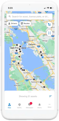 Fleet app image on iPhone showing map of the San Francisco Bay Area and location of fleet vehicles