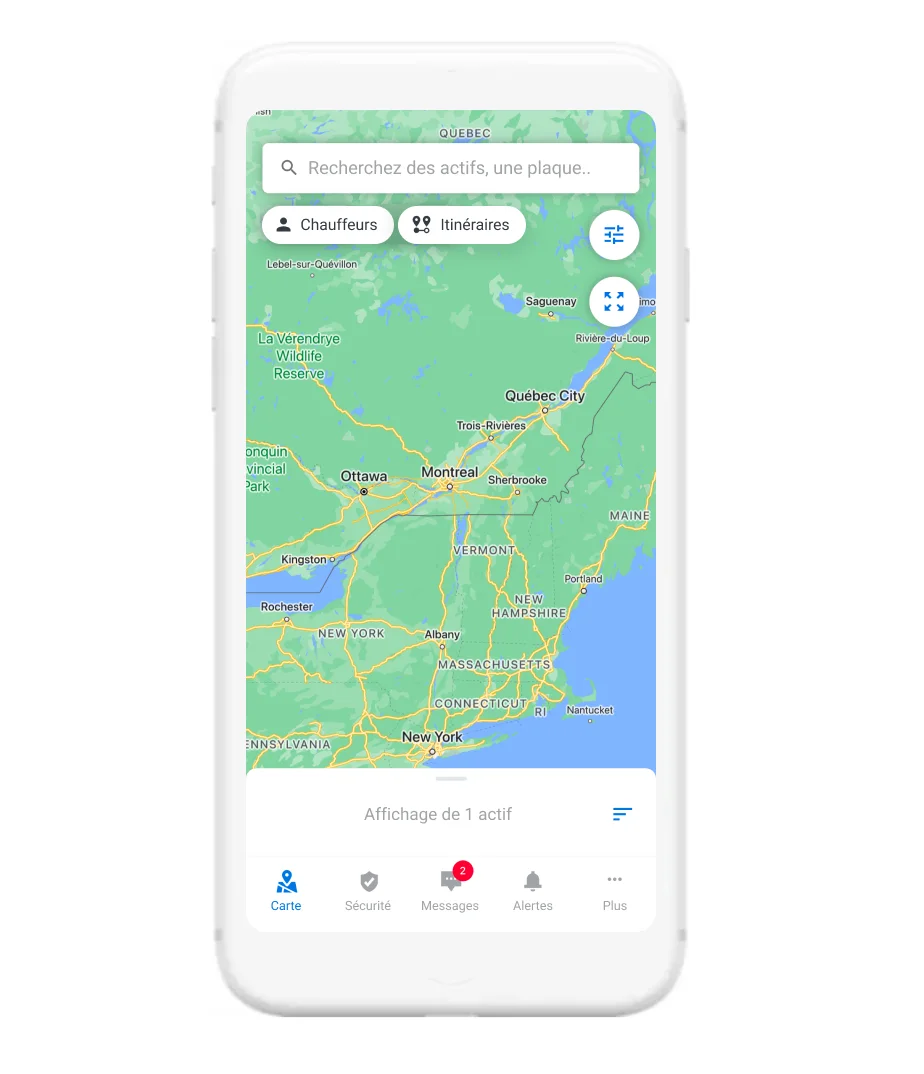 Image de l'appli Fleet sur iPhone montrant la carte de la région de San Francisco et l'emplacement des véhicules de la flotte
