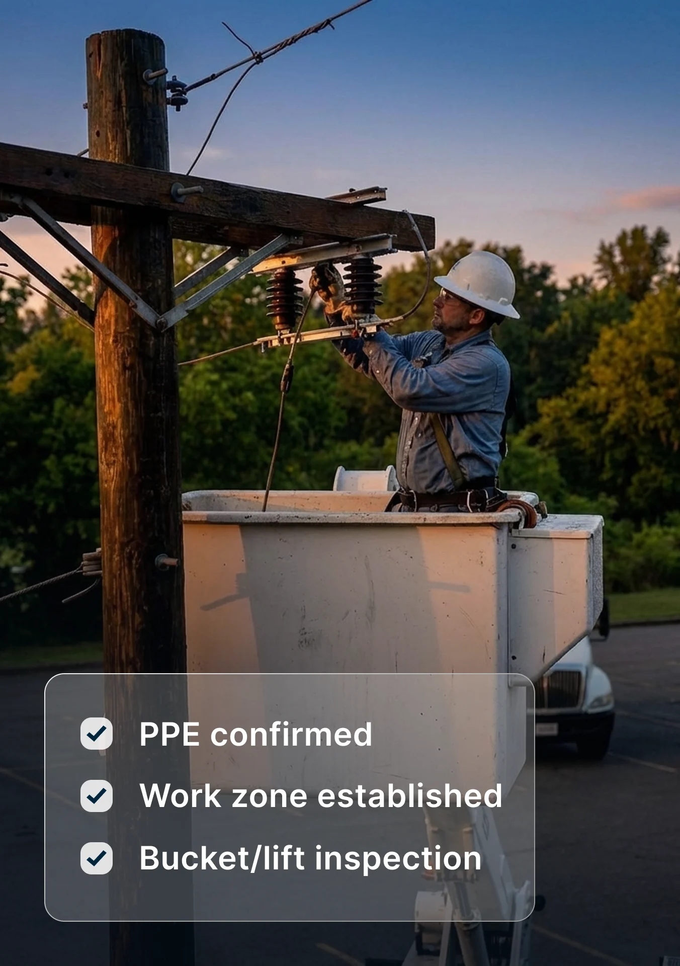 Utility worker in bucket lift repairing power line equipment at sunset with safety checklist overlay.