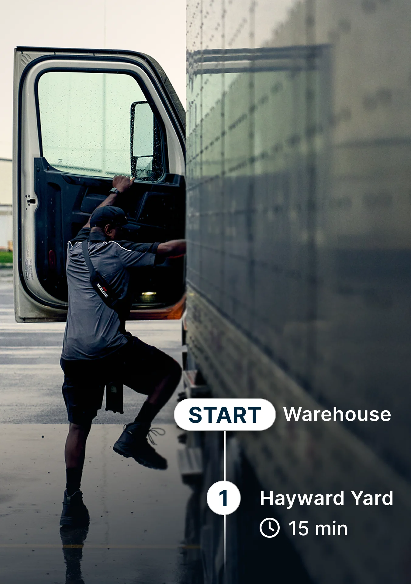 Delivery driver climbing into truck cab with nav interface showing route from Warehouse to Hayward Yard, 15 minutes away.
