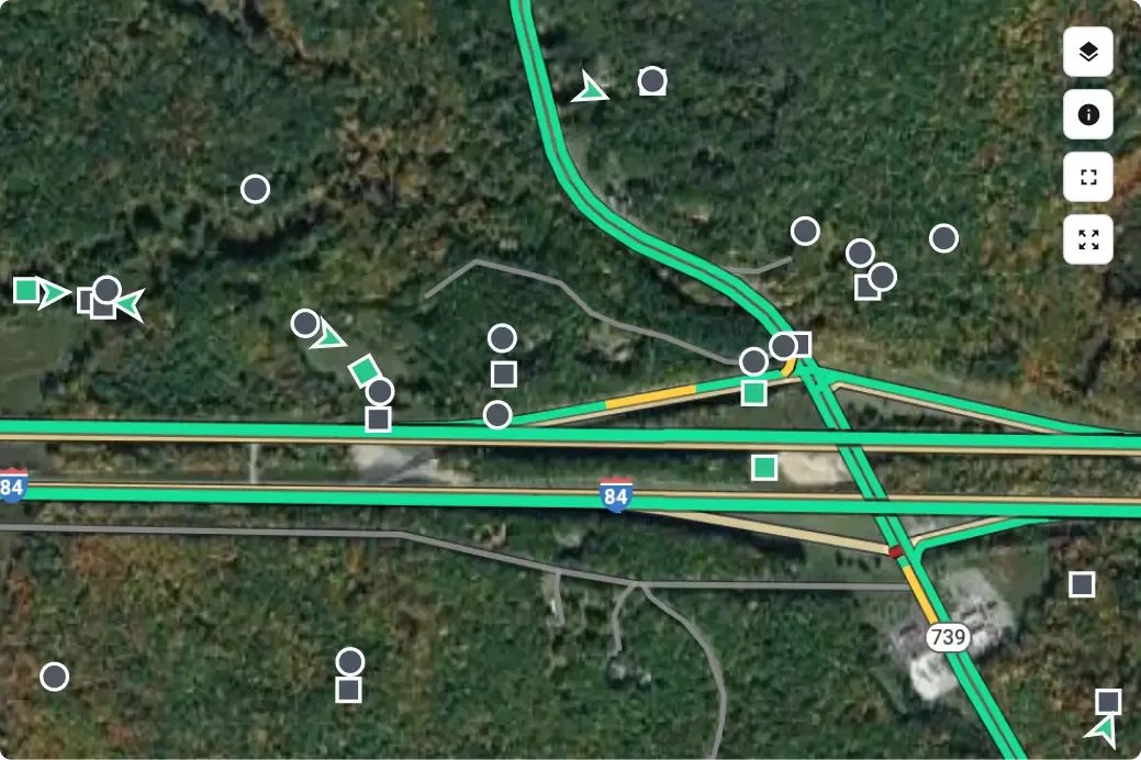 Aerial map view of highway 84 intersection with route 739, showing green highlighted roads and various location markers.