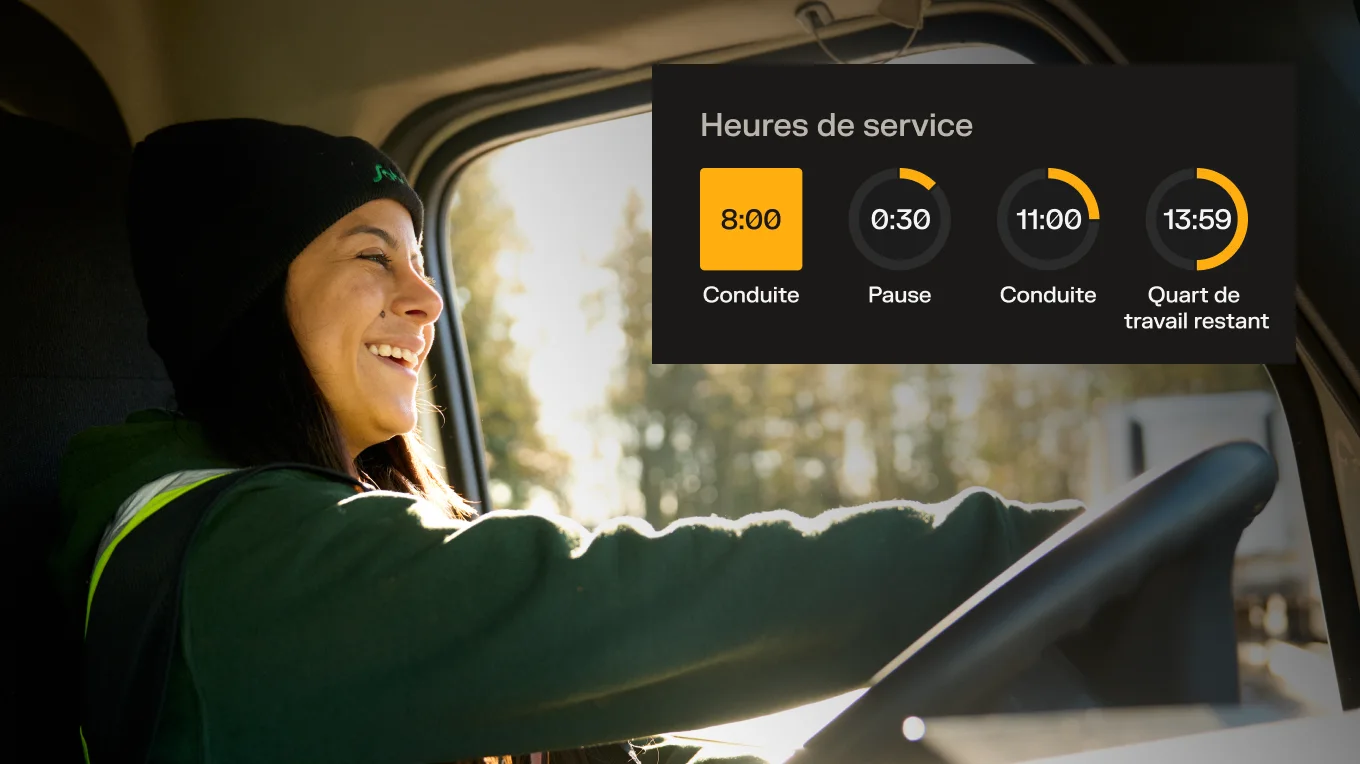 Conductrice souriante au volant d'un camion avec un tableau de bord affichant les heures de service.