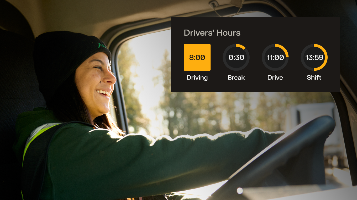 A smiling female truck driver at the wheel, with a Drivers' Hours dashboard showing driving, break, and shift times.