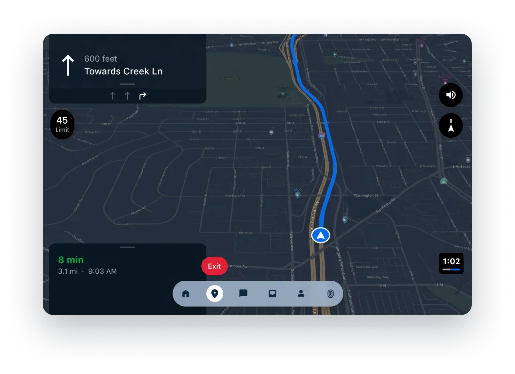Navigation map showing directions to Creek Ln, 600 feet ahead, with 8 minute travel time and 45 mph speed limit.