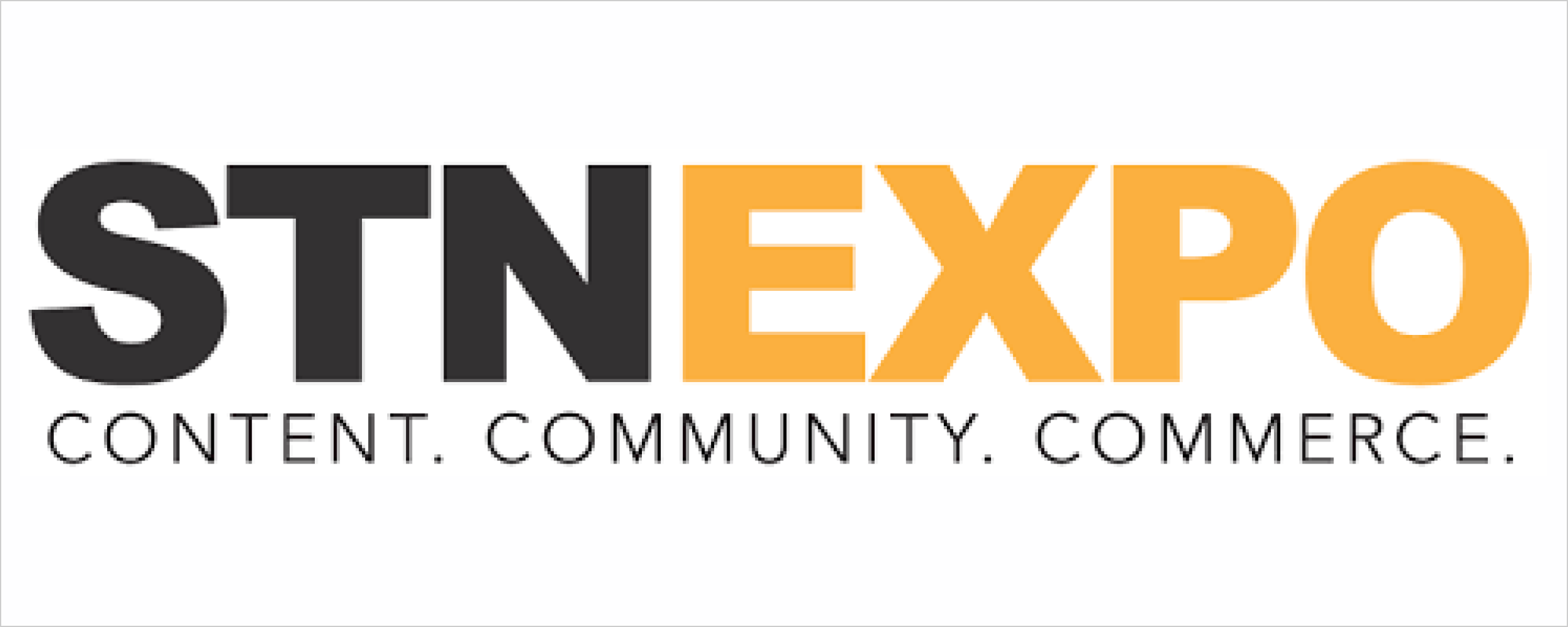 STN EXPO logo in dark gray and orange with tagline Content. Community. Commerce. on white background.