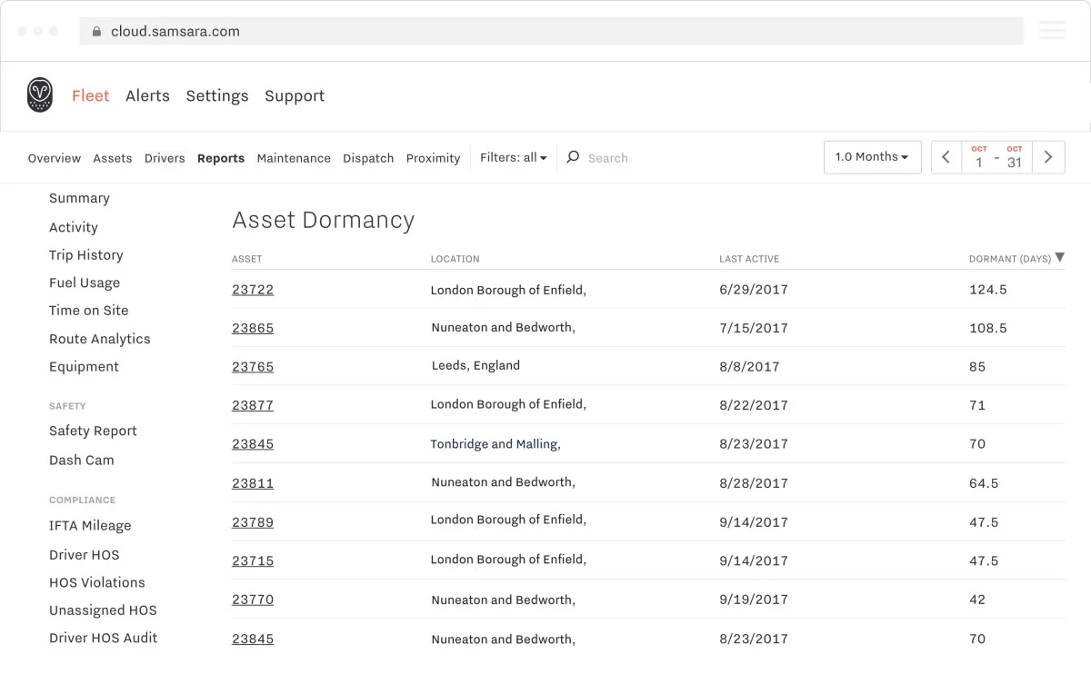 Dashboard showing report of asset dormancy