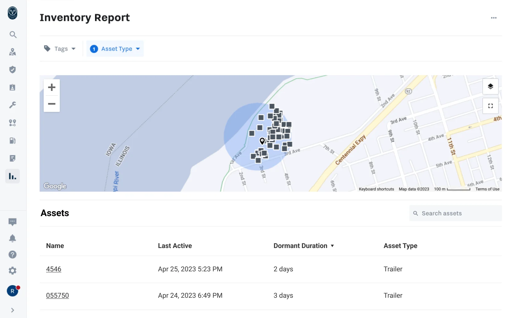 A screenshot of the Samsara Cloud dashboard inventory map report.