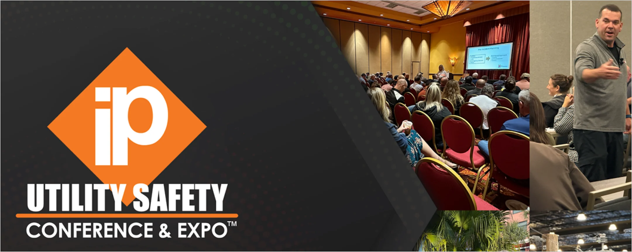 IP Utility Safety Conference & Expo banner with attendees in a conference room and a speaker presenting to an audience.