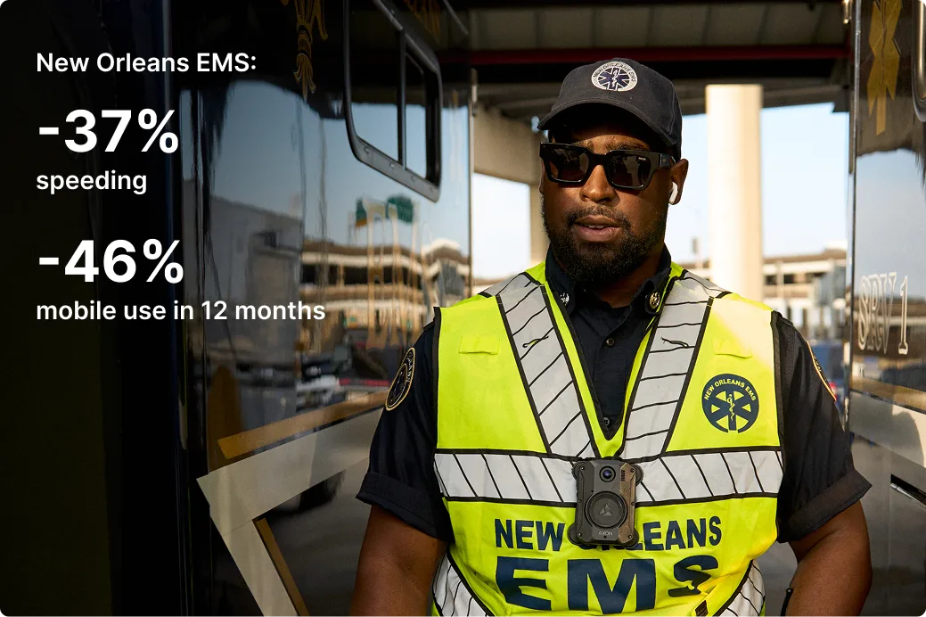 EMS worker in high-visibility vest with statistics showing 37% reduction in speeding and 46% less mobile use.
