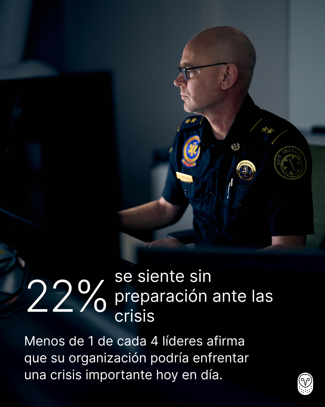 Oficial de policía en uniforme frente a computadora con estadística: 22% se siente sin preparación ante crisis.