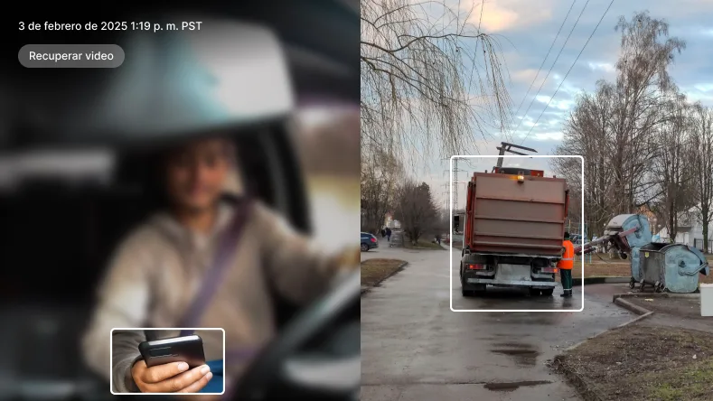 Extrae un video que muestre a un conductor usando su teléfono mientras trabaja con el camión de gestión de residuos.
