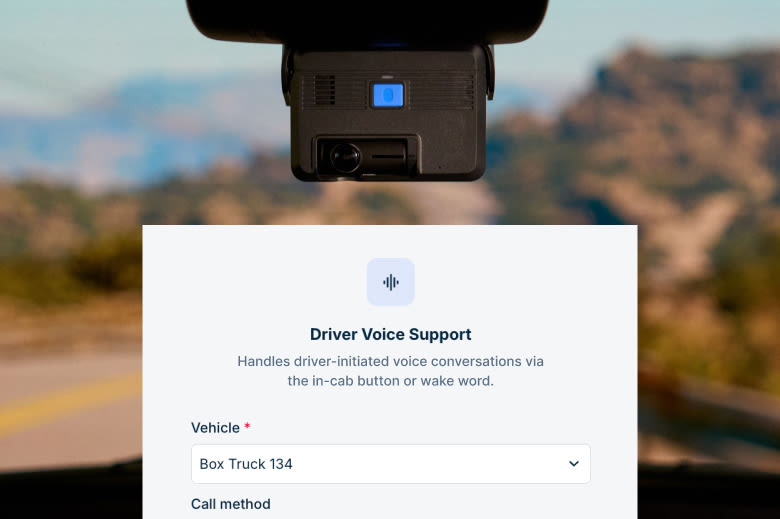 Dashcam mounted in a vehicle with a Driver Voice Support setup screen showing vehicle selection below.