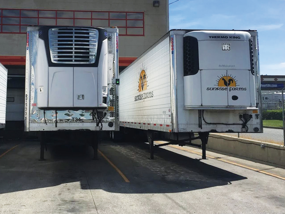 Two Sunrise Farms refrigerated Thermo King trailers docked in yard