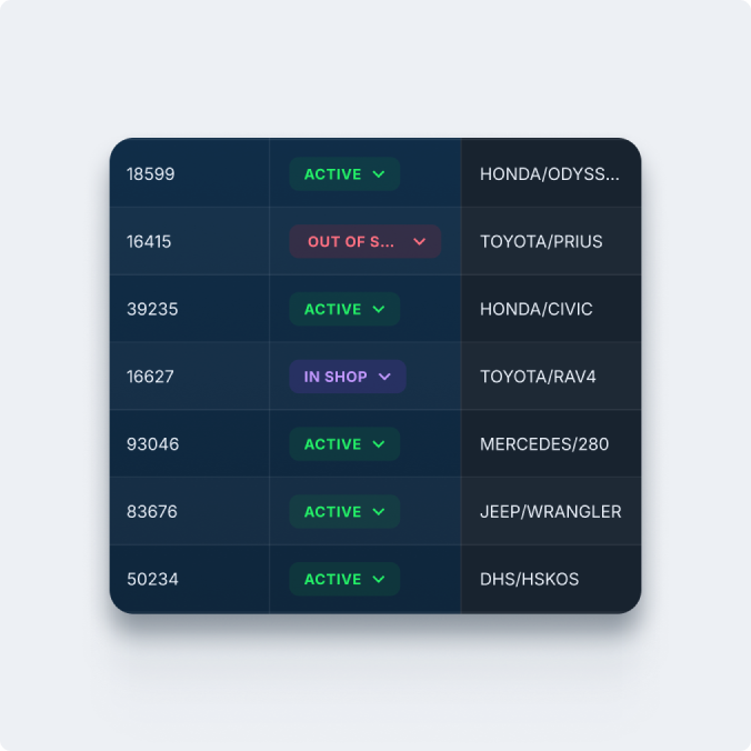 Samsara vehicle inventory dashboard showing status of various car models with ID numbers, status indicators, and make/model