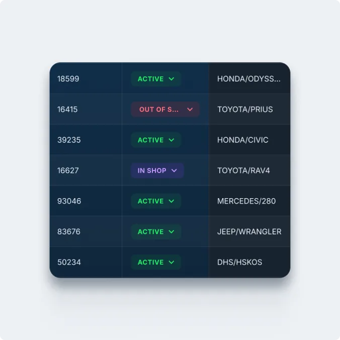 Samsara vehicle inventory dashboard showing status of various car models with ID numbers, status indicators, and make/model