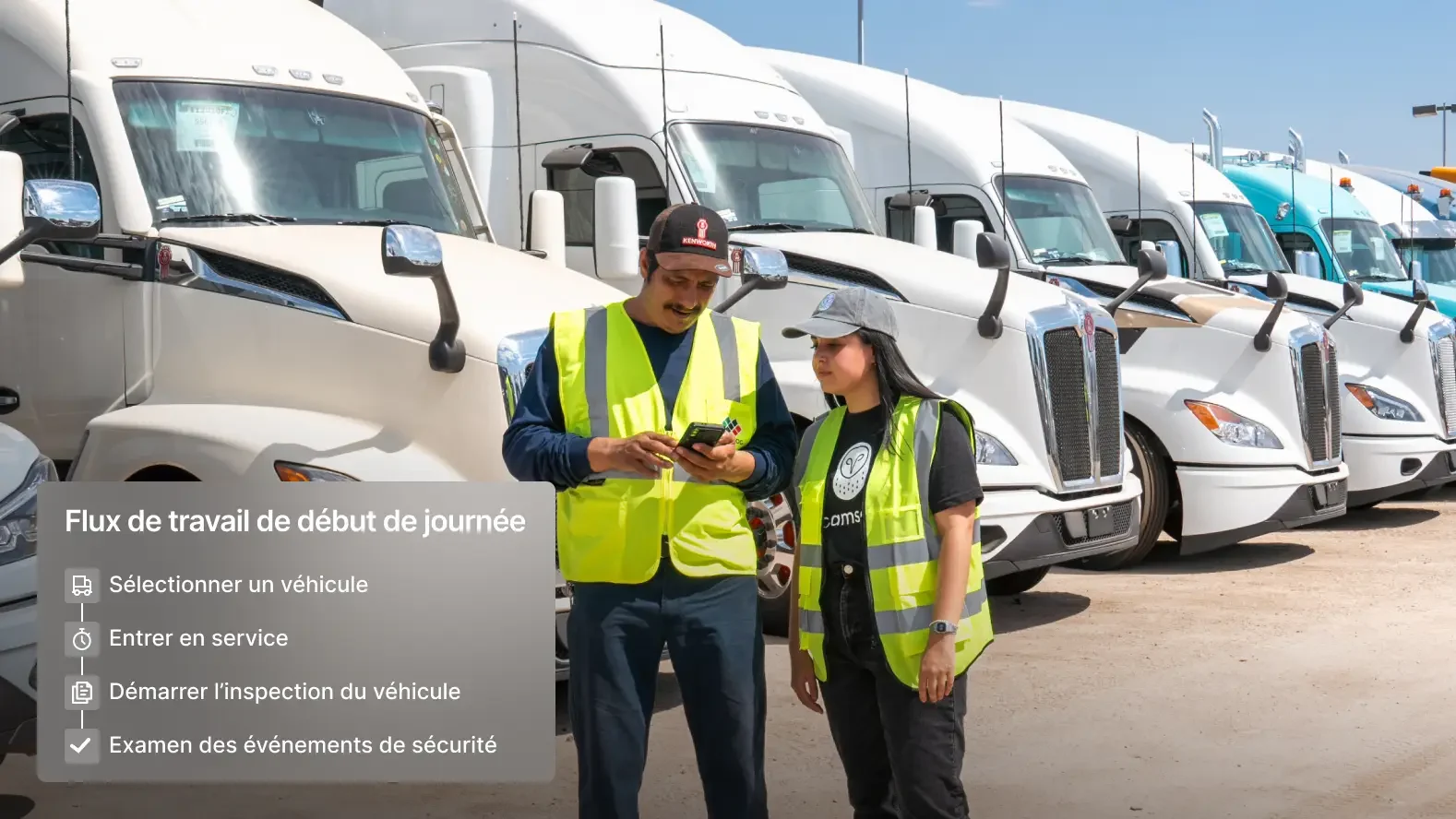 Travailleurs en gilets de sécurité vérifiant des appareils mobiles avec étapes du flux de travail, devant des semi-remorques.