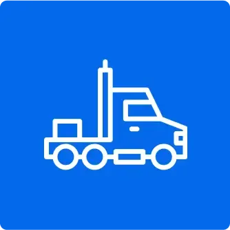 Wit omlijnd pictogram van een vrachtwagen tegen een felblauwe vierkante achtergrond.