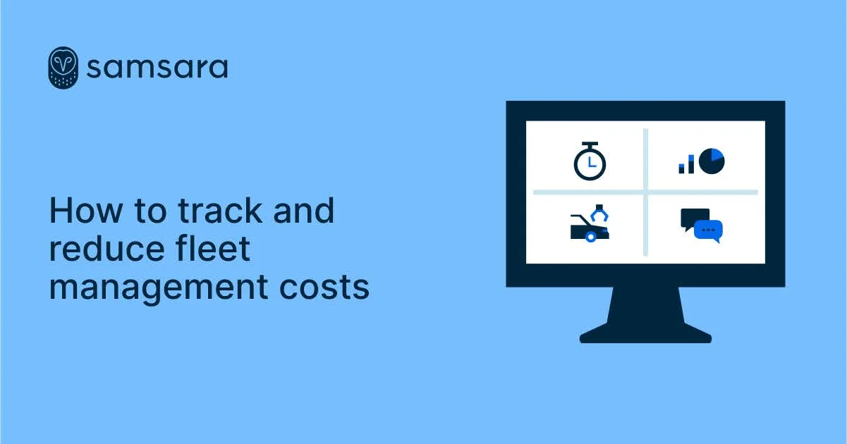 Samsara infographic showing fleet management cost tracking with monitor displaying icons for time, analytics, maintenance, and messaging.