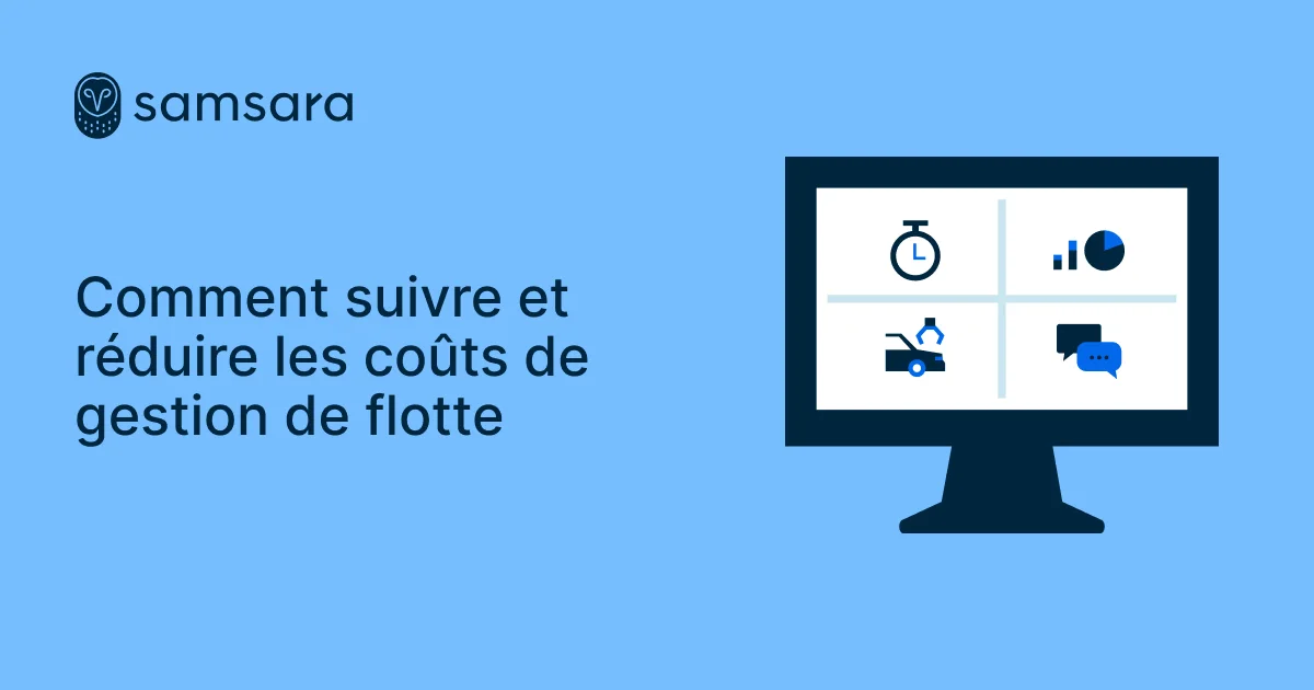 Interface Samsara sur fond bleu montrant un écran d'ordinateur avec des icônes de gestion de flotte et texte sur la réduction des coûts.