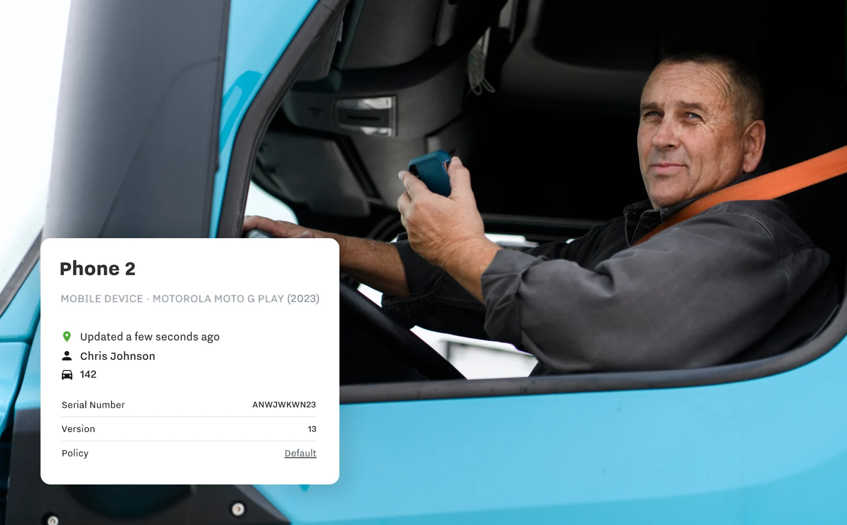Image of a driver holding a dedicated device overlaid with Samsara mobile dashboard info, like driver, vehicle, serial number