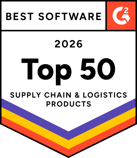 G2 Best Software 2026 badge for Top 50 Supply Chain & Logistics Products with colorful chevron stripes.