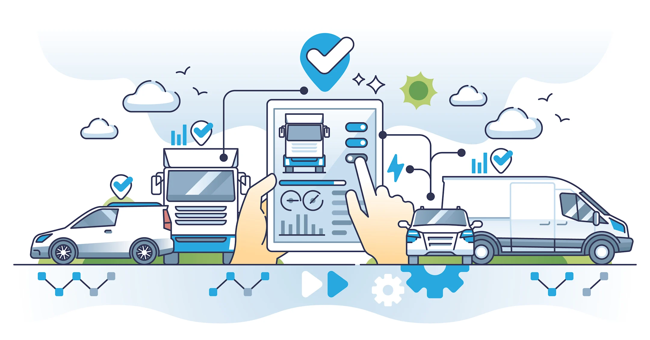 Illustration d'une application de gestion de flotte avec mains tenant une tablette, camions et voitures connectés avec icônes de suivi.