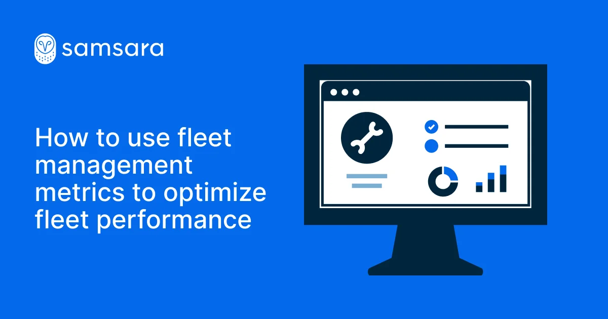 Samsara fleet management dashboard showing metrics and charts on a computer monitor against a blue background.